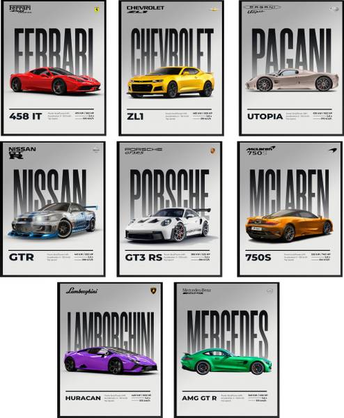 Car Posters Set of 8 A4 Size - Car posters for wall Boys room - Super car poster - Porsche poster, BMW poster - Car wallpaper - Gifting ideas for men ...
