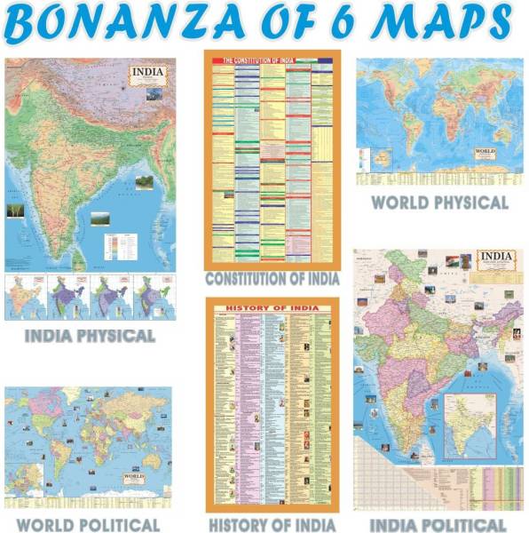 INDIA & WORLD ENGLISH MAPS (Both Political & Physical) Constitution & History of India Chart|Pack of Set Of 6 | Map Size (40*28 Inch) Paper Print Pape...