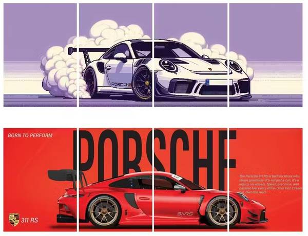 Premium Porsche Car 4-Piece Split Poster Set of 2, 300 GSM HD Prints with Adhesive Back, Glossy Finish, Aesthetic Room Decor Photographic Paper