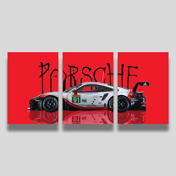Porsche Racing Car 3-Piece Split Poster Set, 300 GSM HD Prints with Adhesive Back, Glossy FInish, Aesthetic Room Decor Photographic Paper
