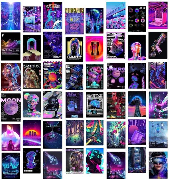 Cyberpunk Aesthetic Wall Collage Set |50pcs + Free Tape| 4x6in Each| Neon Room Decor | Gift Ideas for Gamers Paper Print