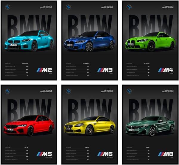 BMW Car Posters (Set of 6) A4 Car Posters BMW M2, M3, M4, M5, M6 & M8 | BMW Posters Sportscar Unframed Matt Laminated Car Poster | For Home, Bedroom, ...
