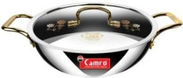 Camro Triply Artisian Kadhai Golden Handle (18 NO) Kadhai 34 cm diameter with Lid 8 L capacity