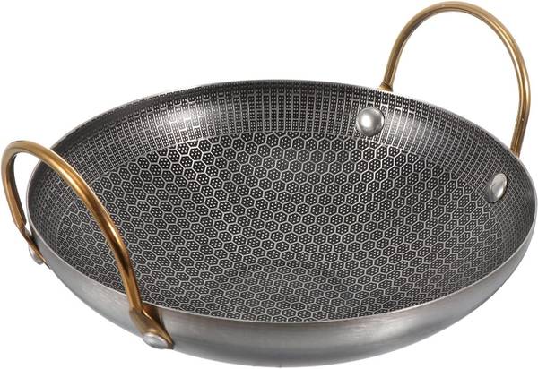 HEVASNEK Non-Stick Honeycomb Steel Soup Pot with Golden Ear,Round Bottom for BBQ Kadhai 26 cm diameter 2.5 L capacity