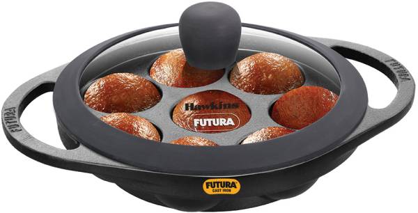 Hawkins Futura 16 cm Cast Iron Appe Pan, Paniyaram Pan with Glass Lid, Black (CIAP16G) Paniarakkal with Lid 0.2 L capacity 16 cm diameter