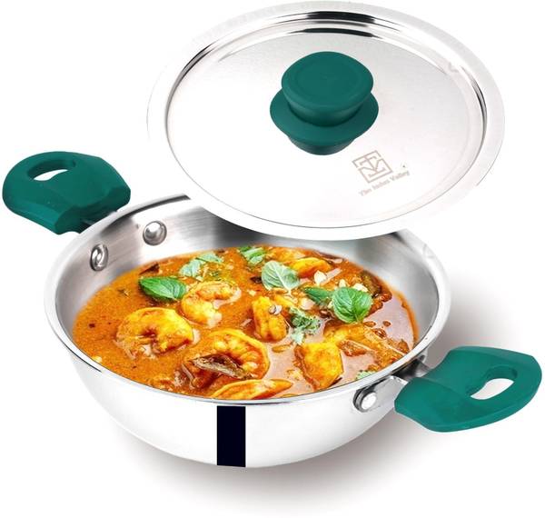 The Indus Valley Triply Stainless Steel Kadai with Soft Touch Handles - 10.2 inch Kadhai 26 cm diameter with Lid 3.5 L capacity