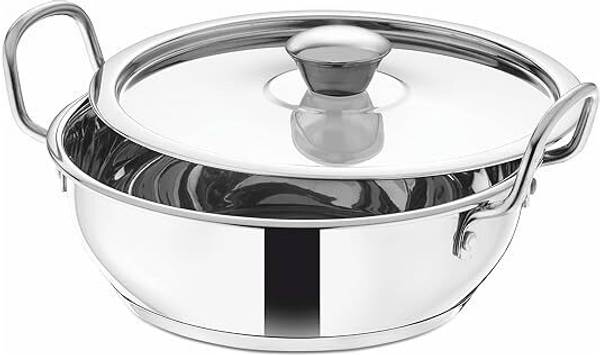 Shritik Deluxe Stainless Steel Flat Kadai with Steel Lid, Impact Bonded Tri-ply Bottom Kadhai 22 cm diameter with Lid 2 L capacity
