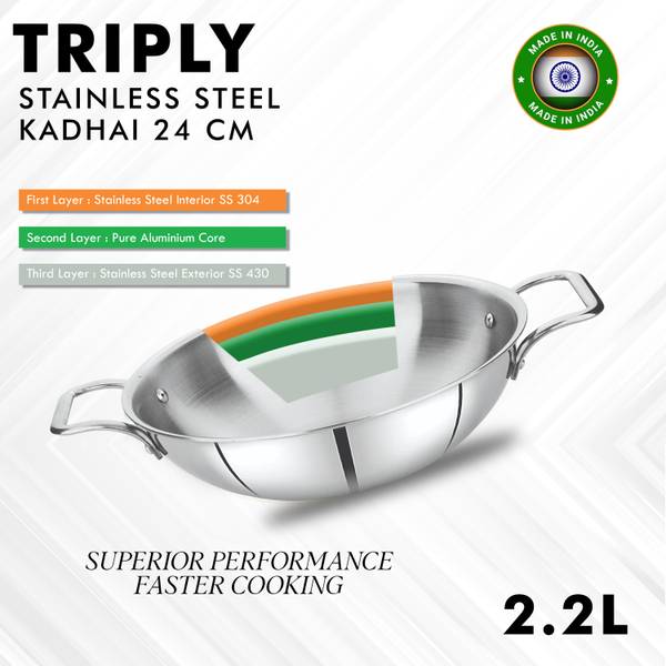 Sigri-wala Triply stainless steel Premium Kadhai 24 cm diameter 2.2 L capacity