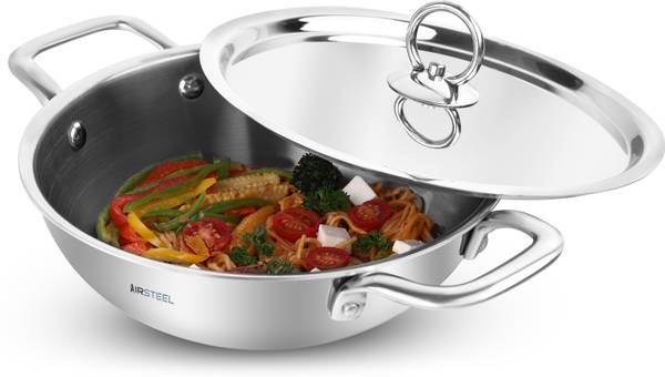 Airsteel Triply Stainless Steel Kadhai 30 cm diameter with Lid 4.6 L capacity