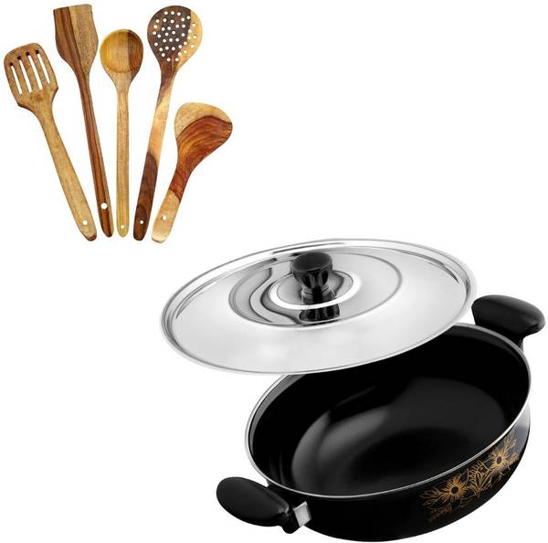 Cook Pro Cookpro |Black kadai/kadhai/karahi with lid and 5pcs multipurpose spatula set Kadhai 26 cm diameter with Lid 3.5 L capacity