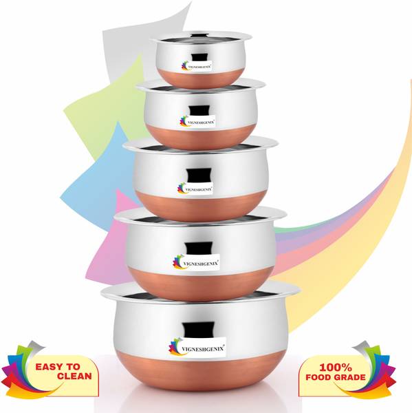 Vigneshgenix Copper Bottom Handi Pot 5 Piece Set/Steel Handi Set 5 Piece Set Handi Bowl Serving Set