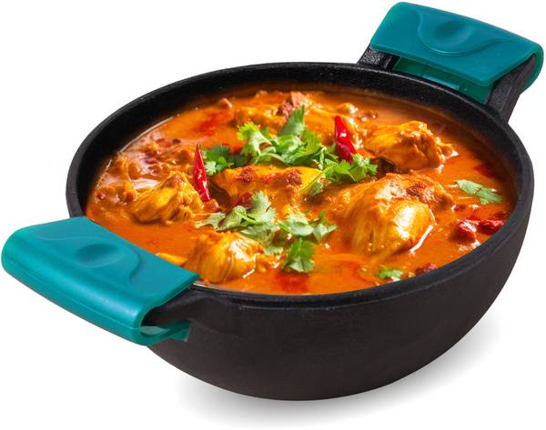 The Indus Valley Pre-Seasoned Cast Iron Deep Kadai with Silicone Grip - 8 inch Kadhai 21 cm diameter 1.7 L capacity