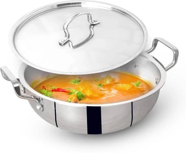 The Indus Valley Triply Stainless Steel Deep Kadai with SS Lid - 11.02 inch Kadhai 28 cm diameter with Lid 5 L capacity