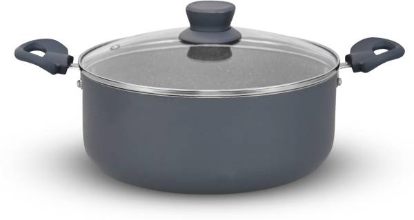 NAVRANG NONSTICK BIRYANIPOT/STEWPOT 240 GLASS LID,INDUCTION,GREY,SOFT TOUCH HANDLES Pot 24 cm diameter 4.3 L capacity with Lid