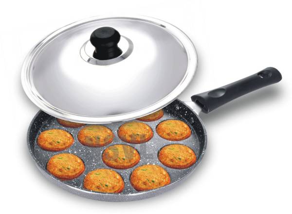 NSVL Appam Patra with 12 Cavity Heavy Duty Aluminum | Single Handle| Litti Maker Paniarakkal with Lid 1 L capacity 24 cm diameter