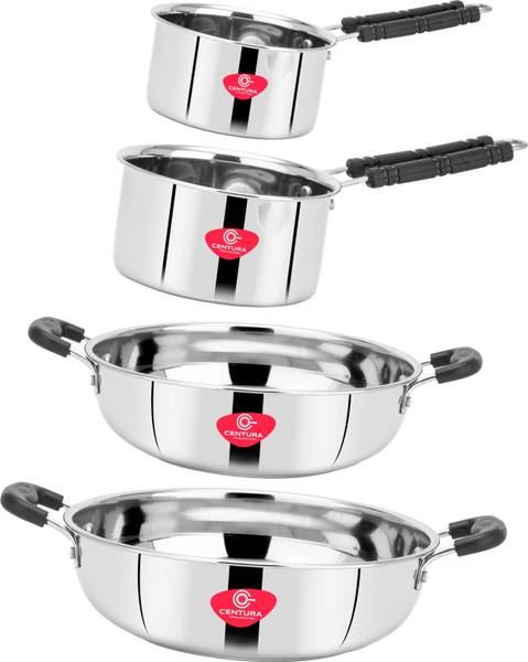 CENTURA Stainless Steel 4pcs Combo Kadai(1.5L),Kadai(2L),Pan(0.8L),Pan(1L) Cookware Set Kadhai 21.5 cm, 23.5 cm, 14 cm, 15 cm diameter 1.5 L, 2 L, 0.8...