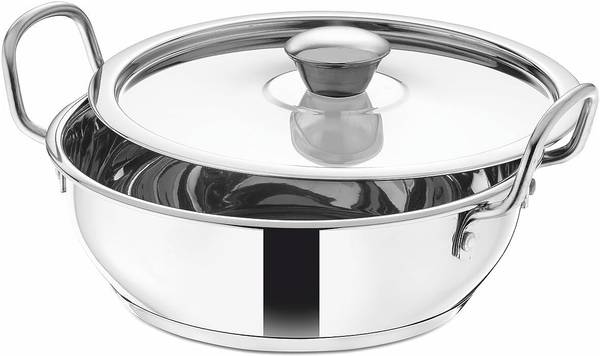 PRABHA Stainless Steel Induction Base Flat Bottom Kitchen Kadhai, Kitchen Wok, Silver Kadhai 24.5 cm diameter with Lid 3.5 L capacity