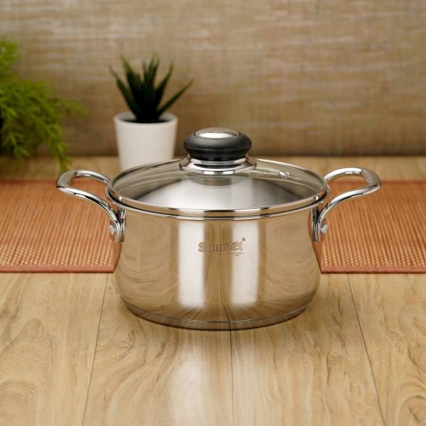 Sumeet Stainless Steel Induction Bottom Casserole with Glass Lid Pot 17 cm diameter 1.75 L capacity with Lid