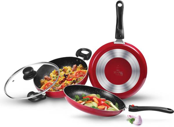 MILTON Pro Cook Kitchen Pride Cookware Set(Fry pan, Kadhai with lid & Tawa 25cm),Maroon Fry Pan 24 cm diameter with Lid 2.5 L capacity