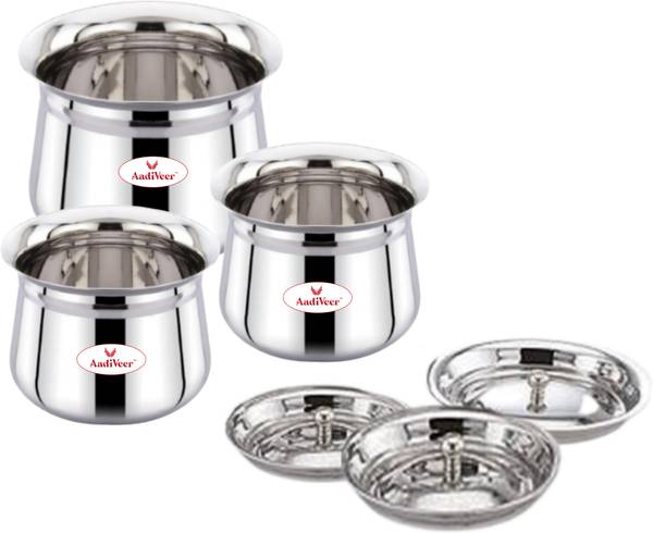 AadiVeer 20G Stainless Steel Handi | Milk Pot | Steel Pot | Steel Handi With Lid Pot 11 cm, 12 cm, 13 cm diameter 0.4 L, 0.7 L, 1 L capacity with Lid