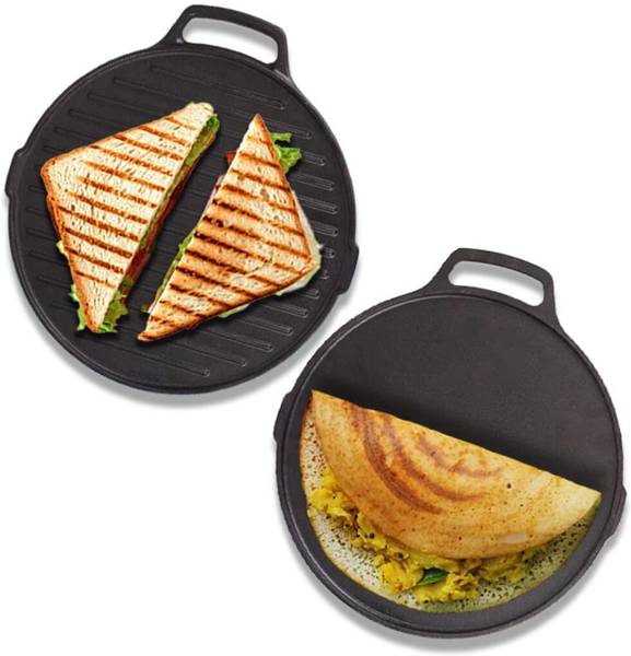 The Indus Valley Pre-Seasoned Cast Iron Round Griddle/ Grill Pan With Double Handle - 10.2 inch Grill Pan 26 cm diameter 0 L capacity