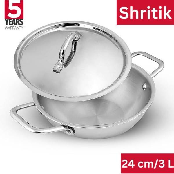 Shritik Platina Induction Bottom Triply Stainless Steel Kadai with Lid, Kadhai 24 cm diameter with Lid 3.1 L capacity