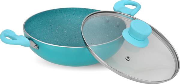 NAVRANG NAVRANG AQUA BLUE ALUMINIUM GRANITE NONSTICK KADAI 240 MM WITH GLASS LID Kadhai 24 cm diameter with Lid 2.2 L capacity