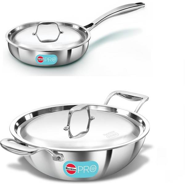 Hawkins Hawkins Pro Frying Pan (PSF22S),Deep Fry Pan Kadhai (PSK35S) with SS Lid Fry Pan 24 cm, 29 cm diameter with Lid 2.2 L, 3.5 L capacity