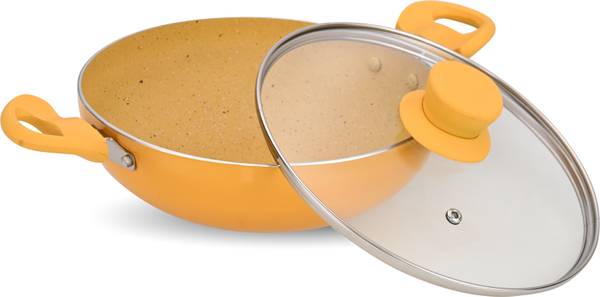 NAVRANG NONSTICK ALUMINIUM SPATTER/GRANITE KADAI 220MM WITH GLASS LID Kadhai 22 cm diameter with Lid 1.7 L capacity