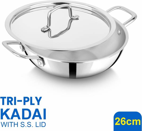 Flipkart SmartBuy Triply Stainless Steel Extra Deep Kadai with Lid & Wide Grip Handles Kadhai 26 cm diameter with Lid 3.7 L capacity