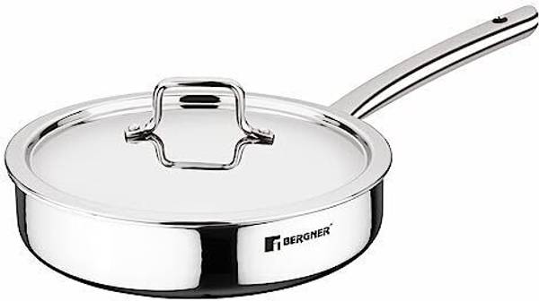 BERGNER Tripro Triply Stainless Steel Sautepan | Less Oil Use | Induction Bottom Saute Pan 26 cm diameter with Lid 2.6 L capacity