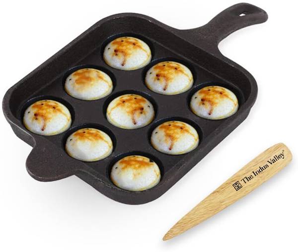 The Indus Valley Pre-Seasoned Cast Iron Paniyaram Pan with Free Wooden Picker|9 Pit - 7.1 inch Paniarakkal Set 0 L capacity 18 cm diameter