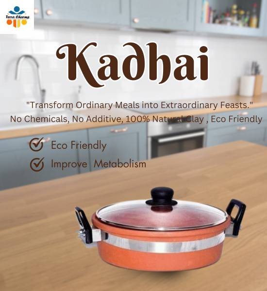 Terra Charms Authentic Indian Mitti ki Kadhai Enhance Your Kitchen Kadhai 16 cm diameter with Lid 2 L capacity