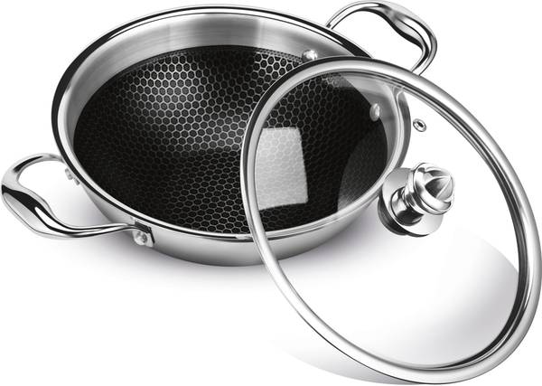 MILTON Pro Cook Triply Hexa Tech Induction Stainless Steel Kadhai with Glass Lid,26 cm Kadhai 26 cm diameter with Lid 3.2 L capacity