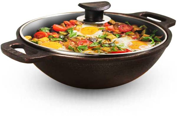 The Indus Valley Super Smooth Cast Iron Kadai with Glass Lid - 10.2 inch Kadhai 25.4 cm diameter with Lid 2.5 L capacity