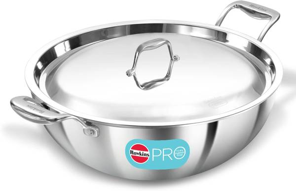 Hawkins Pro Tri-Ply Stainless Steel Deep-Fry Pan (PSK80S) Kadhai 33 cm diameter with Lid 8 L capacity
