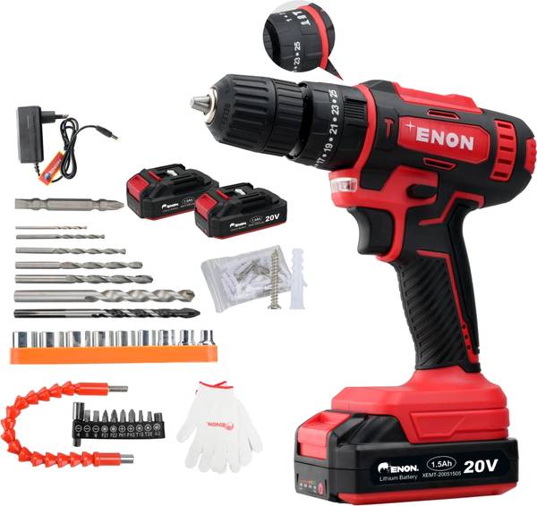 Enon Cordless Impact Drill for Home Use, 20V, 1500Rpm, Keyless Chuck 10mm, F/R Trigger, 2 Modes, 2 Batteries, Drill Kit for Wood, Metal, Concrete XE-C...