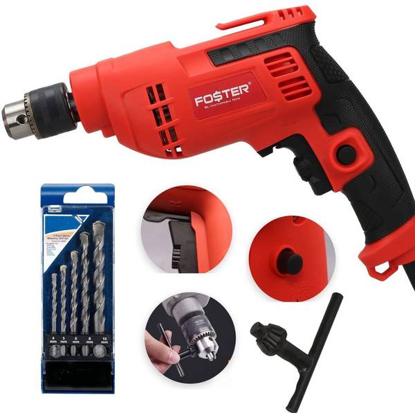 FOSTER FPD-010NX with 5 Drill Bits | Drill Machine for Home Use | 500W | Made in India | Copper Armature | Forward/Reverse | Variable speed Pistol Gri...