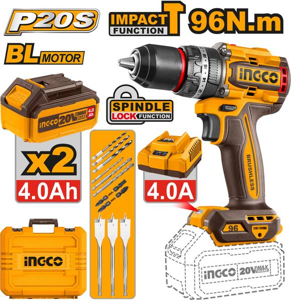 INGCO 20V Compact Brushless Cordless Impact Drill | Power Drill Machine | 96Nm CIDLI20968 -96N - 2*4.0 Ah Batteries | 1 Charger Cordless Drill