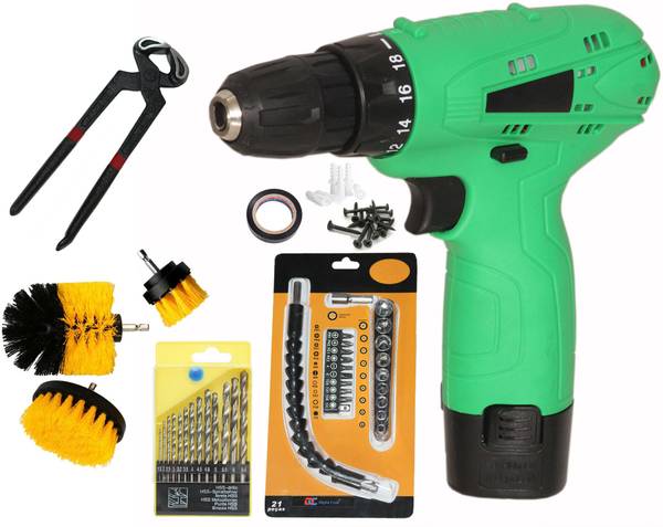 Digital Craft 12V Cordless Drill Set with 3 Drill Brushes & 8" Heavy-Duty Pincer Plier Pistol Grip Drill