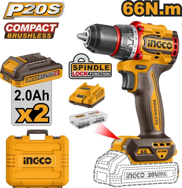 INGCO Compact Brushless Cordless Drill 66Nm, 13mm Metal Chuck, 2-Speed, CDLI20668 Cordless Drill