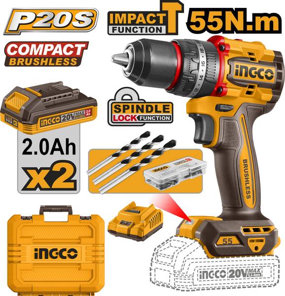 INGCO 20V Compact Brushless Cordless Impact Drill 55Nm, 13mm Metal Chuck, 2-Speed, with 2Pcs Batteries, 1Pcs Charger, 47Pcs Accessories, 3Pcs Drill Bi...