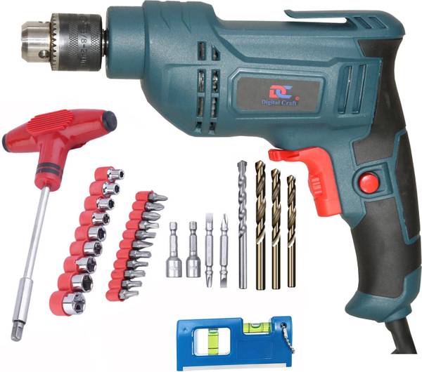 Digital Craft 100% Copper Winding Electric 600w Reversible Drill Machine 10MM,T-Bar Socket Set,Mini Pocket Level Pistol Grip Drill