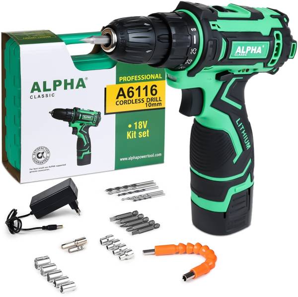 ALPHA Cordless Drill Machine 18V, Tool Box Kit Electric Power Screw driver With 2 Battery, 0-1300 RPM, 1-10mm Cordless Drill