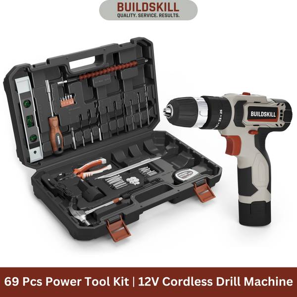 BUILDSKILL 12V Cordless Impact drill machine toolkit | 69 pieces | 1400 RPM variable speed Power & Hand Tool Kit