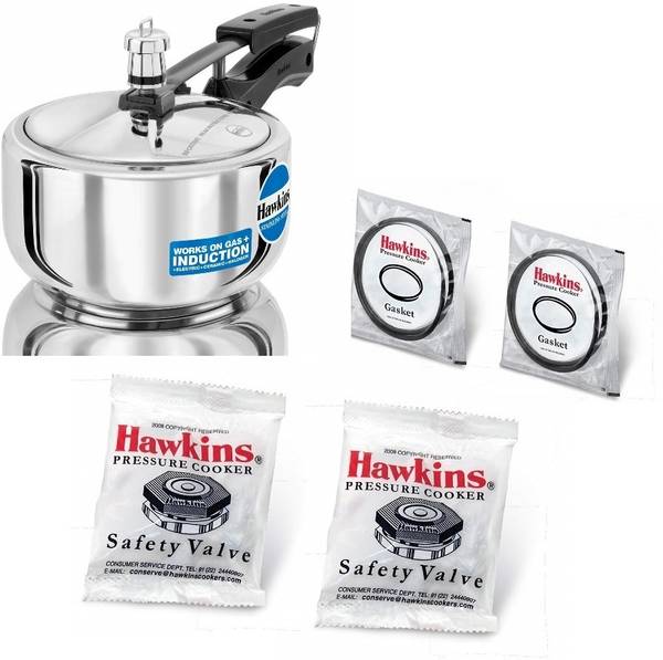 Hawkins Stainless Steel Pressure Cooker 2L(HSS20), 2 pcsGasket(2-3L),2pcs Safety Valve 2 L Inner Lid Induction Bottom Pressure Cooker