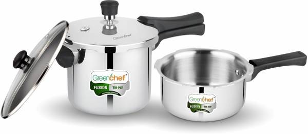 Greenchef Fusion Tri ply pressure cooker combo with Glass Lid 3 L, 2 L Outer Lid Induction Bottom Pressure Cooker & Pressure Pan