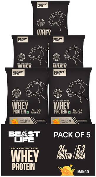 BeastLife Pro Concentrate 100% Whey Protein | 5 Sachet Travel Pack (5x31.4g) Whey Protein