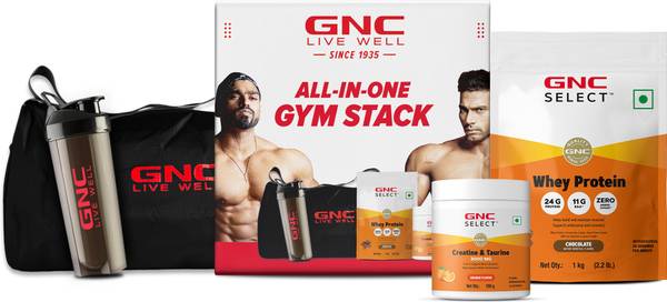 GNC Select Creatine & Taurine(Orange,100gm) & Gym Bag + Shaker & Select Whey Protein