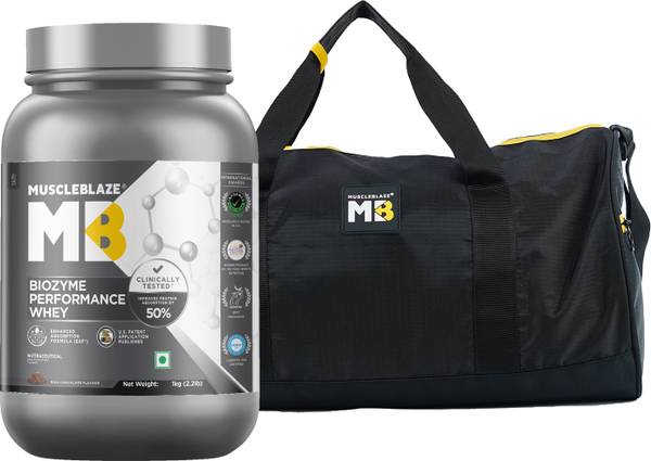 MUSCLEBLAZE Biozyme Performance, Informed Choice UK Certified & Gym Duffle Bag, 30 L, Black Whey Protein